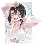  1girl :d armpits bangs bare_shoulders black_hair bow_choker breasts brown_eyes choker dress fangs girls_und_panzer hair_between_eyes halterneck hands_up happy highres kawashima_momo large_breasts looking_at_viewer norinco open_mouth red-framed_eyewear semi-rimless_eyewear sidelocks smile solo sparkle twitter_username under-rim_eyewear upper_body white_choker white_dress 