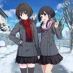  2girls :d black_hair black_legwear black_skirt blue_sky brown_eyes clouds disc_cover earphones grey_coat hand_in_pocket highres long_hair maplus_plus miniskirt multiple_girls open_mouth outdoors pink_scarf pleated_skirt red_eyes red_scarf scarf skirt sky smile snowman standing steam thigh-highs winter winter_clothes 