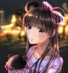  1girl amusement_park black_hair blurry blurry_background blush bow cup hair_bow izumi_(stardustalone) long_hair looking_at_viewer mickey_mouse_ears night original pink_bow smile striped striped_bow sweater upper_body 