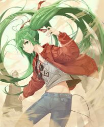  1girl absurdly_long_hair absurdres blue_pants curiosities_of_lotus_asia day denim dust eyewear_removed floating_hair green_eyes green_hair grey_shirt hair_over_one_eye hair_ribbon hatsune_miku highres jacket jeans jewelry leaning_to_the_side long_hair long_sleeves looking_at_viewer midriff mute_fanta855 navel necklace open_clothes open_jacket outdoors pants red-framed_eyewear red_jacket red_ribbon ribbon shirt solo standing stomach suna_no_wakusei_(vocaloid) sunglasses touhou very_long_hair vocaloid zipper 