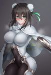  1girl arm_guards bangs black_hair blush bodysuit breasts bun_cover cape chinese_clothes closed_mouth cloud_print covered_nipples double_bun fate/grand_order fate_(series) frown green_eyes highres large_breasts looking_at_viewer qin_liangyu_(fate) sidelocks simple_background skin_tight solo standing white_cape yoh0cid 