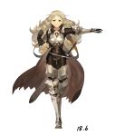  1girl belt blonde_hair breastplate cape dated geolim gloves greaves long_hair original scabbard sheath simple_background solo strap sword vambraces weapon white_background yellow_eyes 
