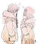  ... 1boy 1girl ^_^ anastasia_(fate/grand_order) bangs blush closed_eyes closed_eyes closed_mouth coat cowboy_shot eighth_note facing_another fate/grand_order fate_(series) fur-trimmed_coat fur_hat fur_trim hair_between_eyes hand_in_pocket hands_in_opposite_sleeves hat highres kadoc_zemlupus long_hair monochrome musical_note profile simple_background smile sofra spoken_ellipsis spoken_musical_note very_long_hair white_background 
