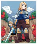  1boy 1girl agrias_oaks armor bird blonde_hair blue_eyes boots braid chocobo cliff clouds final_fantasy final_fantasy_tactics forest knight long_hair nature ramza_beoulve single_braid sky sword tonmoh weapon 