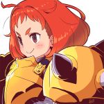  1girl ahoge armor bangs blush brown_eyes closed_mouth commentary_request copyright_request from_side pauldrons redhead reiesu_(reis) signature simple_background smile solo spikes upper_body white_background 