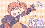  3girls akane_mimi animal_hood arm_up capelet closed_eyes commentary_request cygames dated hair_ribbon highres hikawa_kyoka hodaka_misogi hood long_hair looking_at_viewer multiple_girls one_eye_closed open_mouth orange_eyes orange_hair pointy_ears princess_connect!_re:dive ribbon side_ponytail simple_background twintails 