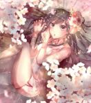  1girl brown_eyes brown_hair cherry_blossoms chestnut_mouth china_dress chinese_clothes dress flower full_body hair_flower hair_ornament izumi_(stardustalone) jewelry long_hair looking_at_viewer lying nail_polish on_side original petals pink_nails ring see-through spring_(season) thighs 
