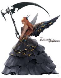  1girl artist_name black_dress black_wings blonde_hair blue_eyes commentary dako6995 dress feathered_wings from_side full_body hair_ornament highres jewelry long_dress long_hair looking_at_viewer looking_to_the_side original parted_lips scythe simple_background solo strapless strapless_dress very_long_hair white_background wings 