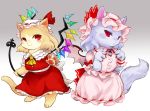  2girls :&lt; :3 animal animalization bow cat chamaruku closed_mouth clothed_animal commentary_request fingernails flandre_scarlet frilled_sleeves frills half-closed_eyes hat lavender_fur lavender_hair looking_at_viewer mob_cap multiple_girls nail_polish no_eyebrows paws pink_hat pink_wings red_bow red_eyes red_nails remilia_scarlet sharp_fingernails short_sleeves slit_pupils touhou wings yellow_neckwear 