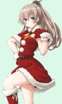  1girl alternate_costume ascot blue_eyes boots brown_hair capelet christmas dd_(ijigendd) dress fur_trim gloves hair_ornament highres kantai_collection kumano_(kantai_collection) long_hair looking_at_viewer ponytail red_dress red_gloves santa_boots santa_costume smile 