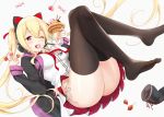  1girl ass azuki_yui azur_lane bangs black_legwear blonde_hair blush breasts cake candy cat_ear_headphones cherry concord_(azur_lane) crossed_ankles eyebrows_visible_through_hair fang feet feet_up food fruit hair_between_eyes hair_ribbon headphones hood hood_down hooded_jacket jacket long_hair long_sleeves medium_breasts mole mole_under_eye mouth_hold one_eye_closed open_clothes open_jacket open_mouth panties pleated_skirt pudding reclining red_eyes red_ribbon ribbon shoes_removed side-tie_panties sidelocks skirt solo star star-shaped_pupils symbol-shaped_pupils thigh-highs thighs toes twintails twitter_username underwear v white_panties white_skirt 