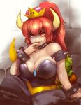  1girl alternate_hair_color bare_shoulders black_collar black_dress bowsette bracelet breasts brooch cleavage collar darren_geers dress fangs gem highres horns jewelry large_breasts long_hair looking_at_viewer super_mario_bros. new_super_mario_bros._u_deluxe nintendo pointy_ears ponytail red_eyes redhead sitting solo spiked_armlet spiked_bracelet spiked_collar spiked_shell spiked_tail spikes strapless strapless_dress super_crown tail turtle_shell 