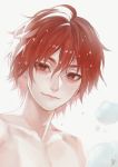  1boy bangs closed_mouth commentary_request copyright_request hair_between_eyes highres looking_at_viewer male_focus murasaki_(fioletovyy) nude red_eyes redhead signature smile solo water wet wet_hair 