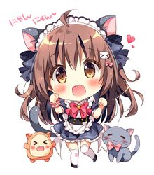  &gt;_&lt; 1girl :3 =_= ahoge animal_ears apron bangs black_footwear black_ribbon blush bow bowtie brown_hair cat cat_ears cat_hair_ornament chibi creature full_body hair_bow hair_ornament hair_ribbon kemonomimi_mode kokoa-chan_(pan_(mimi)) long_hair looking_at_viewer maid maid_headdress nyan original over-kneehighs pan_(mimi) paw_pose pink_bow red_neckwear ribbon simple_background solo thigh-highs white_background white_legwear wrist_cuffs 