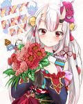  1girl blush commentary double_bun flower gift happy_birthday hololive japanese_clothes letter long_hair looking_at_viewer mask nakiri_ayame oni_horns portrait red_eyes silver_hair solo virtual_youtuber white_background 