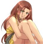  1girl arc_the_lad arc_the_lad_ii bare_shoulders brown_hair commentary_request dark_skin dress green_eyes long_hair looking_at_viewer sania_(arc_the_lad) simple_background sitting smile solo tank_top 