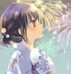  1girl ahoge bangs blurry blurry_background blush brown_hair closed_mouth commentary_request crying crying_with_eyes_open depth_of_field dragonfly_print fan fireworks from_side hair_ornament holding holding_fan japanese_clothes kimono kuga_tsukasa original outdoors paper_fan short_hair sideways_mouth solo tears uchiwa white_kimono 