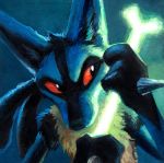  blue_fur bone canine gen_4_pokemon glowing kenket lucario no_humans pokemon red_sclera spikes 