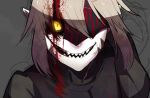  1girl artoria_pendragon_(all) blonde_hair blood blood_on_face crazy_eyes crazy_smile fate/grand_order fate_(series) grey_background saber saber_alter sharp_teeth slit_pupils solo takatsuki_nato teeth yellow_eyes 