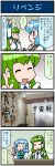  2girls 4koma artist_self-insert blue_hair closed_eyes comic commentary_request detached_sleeves frog_hair_ornament gradient gradient_background green_hair hair_ornament hair_tubes highres index_finger_raised japanese_clothes kochiya_sanae long_hair long_sleeves mizuki_hitoshi multiple_girls nontraditional_miko open_mouth photo pout short_hair skirt smile snake_hair_ornament tatara_kogasa tearing_up touhou translation_request wide_sleeves 