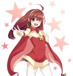  1girl antenna_hair blush brown_hair cape coat green_eyes hair_ornament hairband lilka_eleniak long_hair long_sleeves looking_at_viewer low-tied_long_hair one_eye_closed open_mouth solo standing star thigh-highs tongue upper_body v white_background wild_arms wild_arms_2 yellow_hairband 