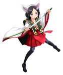  1girl :o animal_ears bangs black_footwear black_hair black_legwear fake_animal_ears fox_ears grey_eyes hairband hakama hakama_skirt holding holding_sheath holding_sword holding_weapon japanese_clothes katana kimono long_hair long_sleeves looking_at_viewer pantyhose parted_bangs princess_principal red_hakama sheath shiny shiny_hair simple_background solo sword taniguchi_gou unsheathing weapon white_background white_hairband white_kimono wide_sleeves 