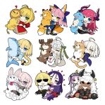  1boy 6+girls ahoge animal_costume animal_ears asterios_(fate/grand_order) black_pupils blonde_hair blue_eyes blush braid bug butterfly chibi closed_eyes closed_mouth commentary_request dark_skin dragon_tail elizabeth_bathory_(fate) elizabeth_bathory_(fate)_(all) euryale eyebrows_visible_through_hair fate/extra fate/extra_ccc fate/grand_order fate_(series) fou_(fate/grand_order) fox_ears fox_tail french_braid fujimaru_ritsuka_(male) glasses green_eyes hair_ornament hair_ribbon hairband heart heart-shaped_pupils horns insect jeanne_d&#039;arc_(alter)_(fate) jeanne_d&#039;arc_(fate)_(all) jeanne_d&#039;arc_(swimsuit_archer) jeanne_d&#039;arc_alter_santa_lily kou_mashiro long_hair looking_at_viewer mash_kyrielight minamoto_no_raikou_(fate/grand_order) multiple_girls nero_claudius_(fate) nero_claudius_(fate)_(all) object_hug one_eye_closed open_mouth pink_hair pointy_ears purple_hair red_eyes reindeer_costume ribbon sakata_kintoki_(fate/grand_order) short_hair simple_background single_braid smile stuffed_animal stuffed_cat stuffed_dolphin stuffed_dragon stuffed_fox stuffed_reindeer stuffed_toy symbol-shaped_pupils tail tamamo_(fate)_(all) tamamo_no_mae_(fate) twintails violet_eyes white_background white_hair yellow_butterfly yellow_eyes 
