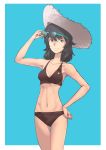  1girl abs absurdres adjusting_eyewear andou_(girls_und_panzer) aqua-framed_eyewear bangs bikini black_bikini black_hair blue_background breasts brown_eyes closed_mouth commentary cowboy_shot dark_skin eyebrows_visible_through_hair girls_und_panzer grey_hat hand_on_hip hat highres kiriko_works looking_at_viewer medium_hair messy_hair navel outside_border print_bikini small_breasts smile solo spade_(shape) standing straw_hat sun_hat sunglasses swimsuit thigh_gap thighs 