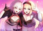  2girls :d \m/ ahoge arm_grab bikini black_bikini black_gloves black_hairband blonde_hair blue_eyes blue_hoodie braid breasts cleavage commentary_request dolce_(dolsuke) fate/grand_order fate_(series) gloves hairband hood hood_down jeanne_d&#039;arc_(alter_swimsuit_berserker) jeanne_d&#039;arc_(fate)_(all) jeanne_d&#039;arc_(swimsuit_archer) large_breasts leaning_forward long_braid long_hair multiple_girls o-ring o-ring_bikini o-ring_bottom o-ring_top open_mouth shrug_(clothing) silver_hair single_braid smile sparkle swimsuit thigh_strap very_long_hair wading water yellow_eyes 