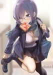  1girl alternate_costume asymmetrical_legwear bag bangs black_footwear black_legwear black_skirt blazer blue_jacket blurry blurry_background breasts cleavage closed_mouth commentary_request depth_of_field eyes_visible_through_hair fate/grand_order fate_(series) food food_in_mouth fringe_trim glasses green_scarf hair_over_one_eye hand_up head_tilt jacket kneehighs loafers long_sleeves mash_kyrielight medium_breasts mouth_hold open_blazer open_clothes open_jacket pleated_skirt purple_hair scarf school_bag shirt shoes short_hair single_kneehigh single_thighhigh skirt solo standing standing_on_one_leg thigh-highs toast toast_in_mouth twitter_username tyone violet_eyes white_shirt 