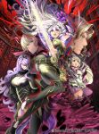  2boys 3girls armor arms_up bangs barefoot blonde_hair boots bow breasts camilla_(fire_emblem_if) cape cleavage company_connection copyright_name dress elise_(fire_emblem_if) female_my_unit_(fire_emblem_if) fire_emblem fire_emblem_cipher fire_emblem_if gauntlets hair_bow hair_ornament hair_over_one_eye hairband holding holding_sword holding_weapon large_breasts leon_(fire_emblem_if) long_hair looking_at_viewer mamkute marks_(fire_emblem_if) medium_breasts multicolored_hair multiple_boys multiple_girls my_unit_(fire_emblem_if) nintendo official_art open_mouth pointy_ears puffy_sleeves purple_hair red_eyes short_hair smile striped sword thigh-highs thigh_boots toyo_sao twintails vertical_stripes violet_eyes weapon white_hair 