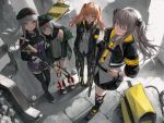  404_(girls_frontline) 4girls arm_hug armband assault_rifle backlighting bangs bare_shoulders belt beret black_footwear black_hat black_jacket black_legwear black_neckwear black_ribbon black_scarf black_shorts black_skirt blunt_bangs boots breasts brown_hair buttons cable closed_eyes closed_mouth collared_shirt commentary_request cross-laced_footwear day dress_shirt egk513 facial_mark finger_on_trigger floating_hair from_above g11_(girls_frontline) girls_frontline gloves green_eyes green_hat green_jacket grey_hair grey_shirt grey_skirt gun h&amp;k_ump hair_between_eyes hair_ornament hairclip hand_on_hip hat heckler_&amp;_koch highres hk416 hk416_(girls_frontline) holding holding_gun holding_weapon hood hood_down hooded_jacket jacket knee_pads kneehighs large_breasts leaning_on_person long_hair long_sleeves looking_at_viewer military military_uniform miniskirt multiple_girls neck_ribbon necktie off_shoulder one_eye_closed one_side_up open_clothes open_jacket orange_eyes outdoors pantyhose parted_lips plaid plaid_skirt pleated_skirt ribbon rifle ruins scar scar_across_eye scarf shadow shirt shoes short_shorts shorts sidelocks silver_hair skirt sleeveless sleeveless_shirt sleeves_past_wrists smile standing strap_slip submachine_gun thigh-highs twintails ump45_(girls_frontline) ump9_(girls_frontline) uniform weapon white_footwear white_gloves wristband yellow_eyes yellow_neckwear zettai_ryouiki 