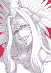  1girl bell fate/grand_order fate_(series) green_eyes grin headdress highres long_hair looking_at_viewer nakamura_regura piercing quetzalcoatl_(samba_santa)_(fate) red_background sharp_teeth simple_background sketch smile solo teeth 