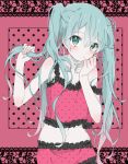  1girl :/ aqua_hair azuki_(ckxs7444) bare_shoulders black_frills blush camisole collarbone flat_chest frill_trim hair_grab hatsune_miku highres lace_background long_hair looking_at_viewer messy_hair midriff navel pink_background pink_camisole playing_with_own_hair polka_dot polka_dot_background polka_dot_camisole romeo_to_cinderella_(vocaloid) solo sparkling_eyes twintails vocaloid 