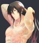  1boy abs adjusting_hair arms_up black_hair collarbone fate/grand_order fate_(series) flower_tattoo green_eyes grey_background highres long_hair looking_to_the_side male_focus muscle no_nipples ororooops parted_lips pectorals sidelocks simple_background solo tattoo upper_body yan_qing_(fate/grand_order) 