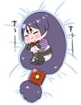  1girl absurdly_long_hair black_legwear blush bodysuit chibi closed_eyes closed_mouth commentary_request eyebrows_visible_through_hair fate/grand_order fate_(series) from_above highres long_hair low-tied_long_hair lying minamoto_no_raikou_(fate/grand_order) neck_ribbon on_side pink_bodysuit puffy_sleeves purple_hair red_neckwear red_ribbon rei_(rei_rr) ribbon sash smile solo thigh-highs very_long_hair 