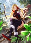  1girl 2boys armor arrow bandage bangs belt blonde_hair boots bow_(weapon) breastplate closed_mouth clouds cloudy_sky company_connection copyright_name day faceless faceless_male fire_emblem fire_emblem:_mystery_of_the_emblem fire_emblem_cipher hand_up knee_boots knee_pads kuraine leaf long_hair looking_at_viewer mayo_(becky2006) miniskirt multiple_boys nintendo official_art outdoors quiver short_sleeves shoulder_armor shoulder_pads skirt sky thigh-highs weapon zettai_ryouiki 