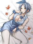  1girl autumn_leaves bed_sheet blue_bow blue_dress blue_hairband blue_ribbon blush bow breasts cleavage collarbone collared_shirt dress dress_shirt grey_hair hair_ribbon hairband hand_up hayami_kanade head_tilt highres idolmaster idolmaster_cinderella_girls idolmaster_cinderella_girls_starlight_stage large_breasts looking_at_viewer lying oimo on_back pantyhose parted_lips ribbon shirt sketch sleeveless sleeveless_dress sleeveless_shirt solo white_legwear white_shirt wrist_cuffs yellow_eyes 