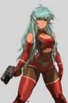  1girl 2018 90s ahoge aqua_eyes aqua_hair bangs bare_shoulders belt belt_buckle boots borrowed_character braid breasts brown_legwear buckle center_opening cleavage cleavage_cutout commentary commission cowboy_shot david_liu elbow_gloves english_commentary eyebrows_visible_through_hair french_braid gloves grey_background gun handgun highres holding holding_gun holding_weapon large_breasts long_hair midriff original pantyhose pistol red_footwear red_shorts serious short_shorts shorts solo standing tan thigh-highs thigh_boots toned trigger_discipline weapon 