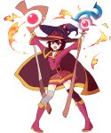  1girl :o belt black_legwear boots brown_hair cape commentary dress dual_wielding english_commentary fire full_body hat highres holding knee_boots kono_subarashii_sekai_ni_shukufuku_wo! legs_apart long_sleeves looking_at_viewer megumin mismatched_legwear outstretched_arms pigeon-toed pink_dress pink_footwear red_eyes rtil short_hair simple_background solo spread_arms staff standing thigh-highs white_background white_legwear wide_sleeves witch_hat 