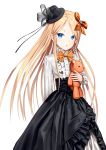  1girl abigail_williams_(fate/grand_order) absurdres black_hat black_skirt blonde_hair blue_eyes blush bow center_frills commentary_request fate/grand_order fate_(series) forehead frilled_skirt frills gothic_lolita hair_bow hand_up hat head_tilt highres lolita_fashion long_hair long_sleeves looking_at_viewer mini_hat object_hug orange_bow parted_lips sanbe_futoshi shirt simple_background skirt solo stuffed_animal stuffed_toy teddy_bear tilted_headwear very_long_hair white_background white_shirt 