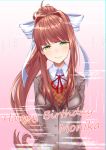  1girl absurdres arms_behind_back brown_hair character_name chromatic_aberration collared_shirt commentary_request darenenzinia doki_doki_literature_club glitch green_eyes grey_jacket hair_ribbon happy_birthday head_tilt highres jacket long_hair looking_at_viewer monika_(doki_doki_literature_club) neck_ribbon ponytail red_ribbon ribbon school_uniform shirt smile solo upper_body very_long_hair white_ribbon white_shirt wing_collar 