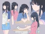  1girl bangs black_hair blue_shorts chair closed_mouth commentary_request copyright_request desk grey_background highres holding jitome long_sleeves monsieur multiple_views parted_lips pink_shirt raglan_sleeves school_desk shirt shorts simple_background sketch violet_eyes 