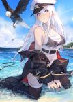  1girl azur_lane bald_eagle bare_shoulders belt bird black_belt black_bra black_coat black_neckwear blue_sky blush bra breasts clouds cloudy_sky coat collared_shirt commentary_request condensation_trail day eagle enterprise_(azur_lane) eyebrows_visible_through_hair hat highres horizon kneeling large_breasts mephist-pheles military military_hat miniskirt necktie ocean open_clothes open_coat outdoors partially_submerged peaked_cap see-through shirt silver_hair skirt sky sleeveless sleeveless_shirt solo thigh-highs underbust underwear violet_eyes water wet wet_clothes white_hat 