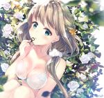  1girl bangs bare_arms bare_shoulders blue_eyes blurry blurry_foreground blush bow bow_bra bra braid breasts brown_hair cleavage collarbone commentary_request depth_of_field dutch_angle eyebrows_visible_through_hair flower hair_ribbon hand_up holding holding_key key knees_up long_hair looking_at_viewer low_twintails medium_breasts orange_ribbon original parted_lips ribbon rose rose_bush solo suihi twintails underwear very_long_hair white_background white_bra white_flower white_rose 