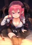 1girl :p black_legwear black_skirt black_wings blush breasts cleavage commentary_request head_wings highres koakuma large_breasts red_eyes redhead shirt skirt solo tail thigh-highs tongue tongue_out touhou white_shirt wings wowoguni