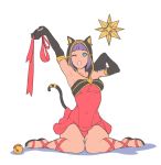  1girl ;o amados armpits bangs blue_eyes blunt_bangs bob_cut breasts cat_paws cat_tail dark_skin dress flail looking_at_viewer menat morning_star one_eye_closed paws purple_hair sandals short_hair simple_background sitting solo street_fighter street_fighter_v tail wariza weapon white_background 