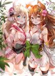 2girls :d ahoge animal_ears aqua_eyes bangs bare_shoulders black_legwear blonde_hair blush breast_press breasts brown_eyes brown_hair bunny_hair_ornament cleavage commentary_request detached_sleeves eyebrows_visible_through_hair flower fox_ears fox_girl fox_tail fuku_kitsune_(fuku_fox) green_eyes hair_between_eyes hair_flower hair_ornament highres japanese_clothes kimono korin_(shironeko_project) long_hair looking_at_viewer multiple_girls open_mouth rabbit_ears ribbon shironeko_project small_breasts smile symmetrical_docking tail thigh-highs tsukimi_(shironeko_project) very_long_hair wading water wide_sleeves 