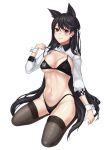  1girl alternate_costume animal_ears atago_(azur_lane) azur_lane bangs bikini black_bikini black_hair black_legwear blush breasts brown_eyes cleavage closed_mouth commentary_request cropped_jacket extra_ears hair_ribbon highleg highleg_bikini highres jacket large_breasts logo long_hair looking_at_viewer mole mole_under_eye navel racequeen ribbon shiny shiny_skin sidelocks sitting skindentation sleeve_cuffs smile solo sum_ku swept_bangs swimsuit thigh-highs thighs white_background white_ribbon wrist_cuffs 