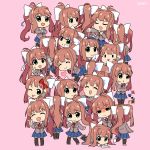  6+girls :3 :d :o ;p ^_^ artist_name black_legwear blue_skirt book bow brown_hair chibi closed_eyes closed_eyes commentary cupcake doki_doki_literature_club english_commentary eyebrows_visible_through_hair facing_away facing_viewer food glitch green_eyes hair_bow hair_ribbon heart index_finger_raised jacket lareindraws letter long_hair looking_at_another looking_at_viewer looking_away love_letter monika_(doki_doki_literature_club) multiple_girls multiple_persona one_eye_closed open_mouth pen pink_background ponytail red_bow ribbon school_uniform self_shot shaded_face simple_background skirt smile thigh-highs tongue tongue_out v very_long_hair white_ribbon writing |_| 